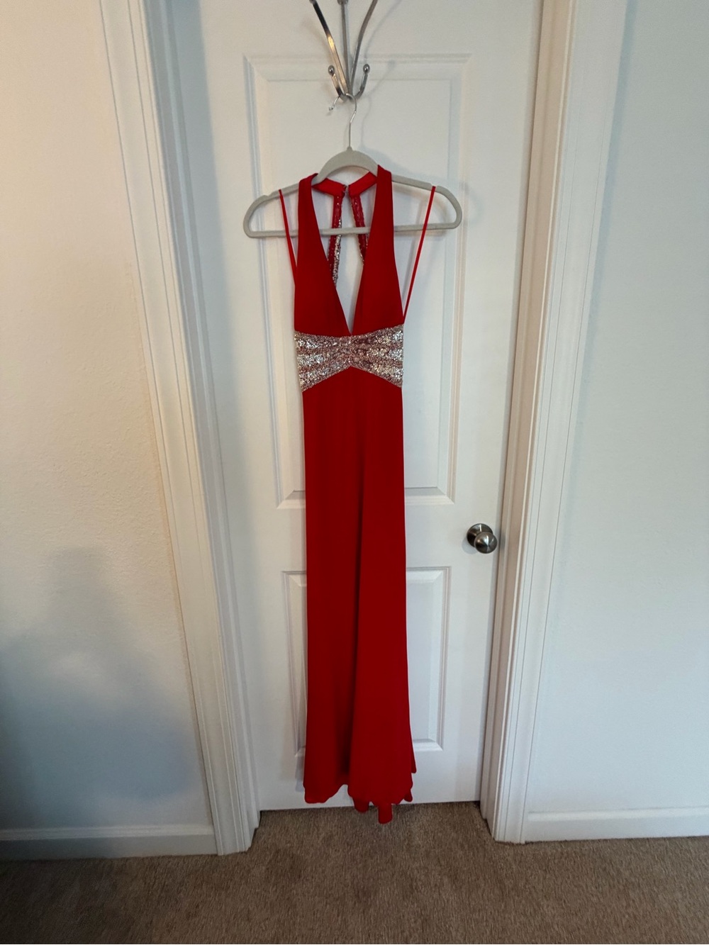 Faviana Red Prom Gown with Embellished Waistband